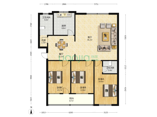 浣东小区 3室2厅2卫 135平方