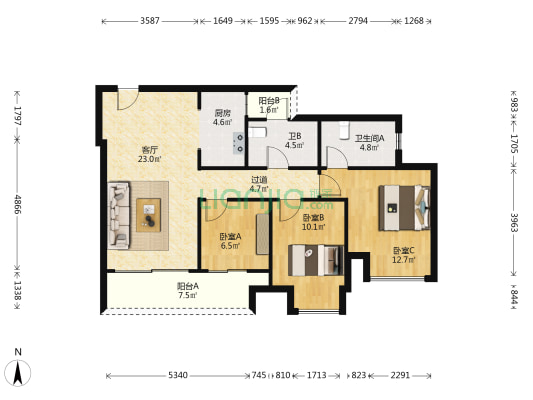 翰粼天辰 3室1厅2卫 90平方