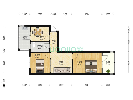 中华南大街34号院 2室2厅1卫 60平方