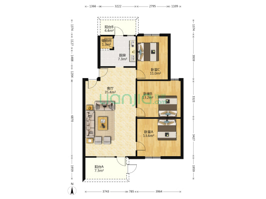 泰华路198号 3室1厅0卫 100平方