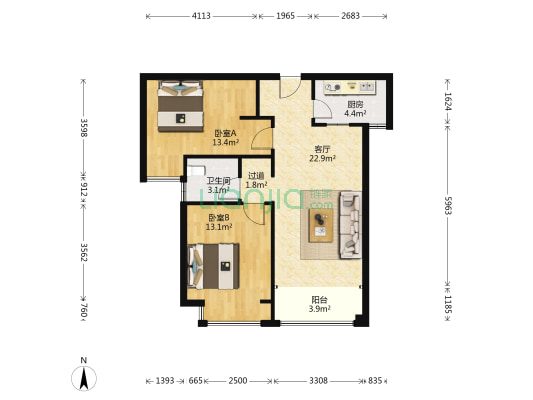 亚星望江居 2室1厅1卫 89平方