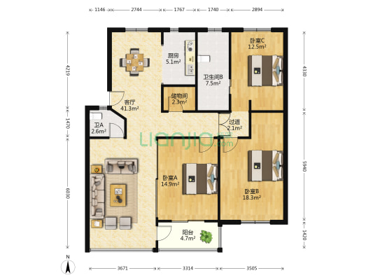 百兴家园 3室1厅2卫 124平方