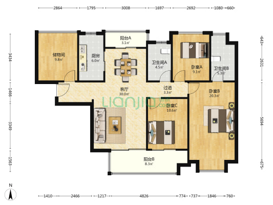 世茂璀璨天城 3室1厅2卫 134平方