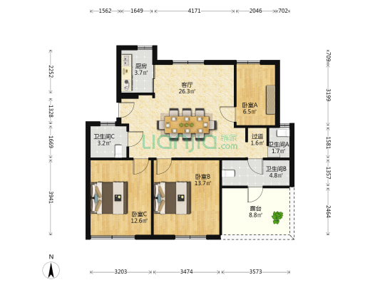 新景公寓 3室1厅3卫 24平方