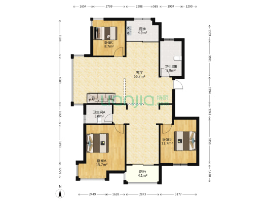 镜湖人家 3室1厅2卫 143平方