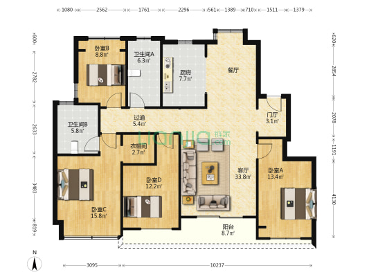 蓝城兰园 4室1厅2卫 143平方