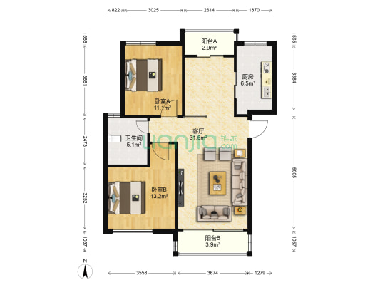 兴宸·山水艺墅 2室1厅1卫 84平方