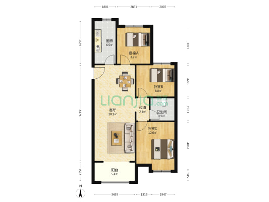 保利城和锦景苑 3室1厅1卫 108平方