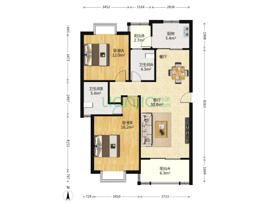 三岛龙洲苑 2室1厅2卫 105平方