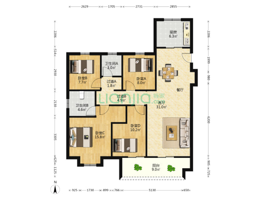 绿地峯华道 4室1厅2卫 136平方