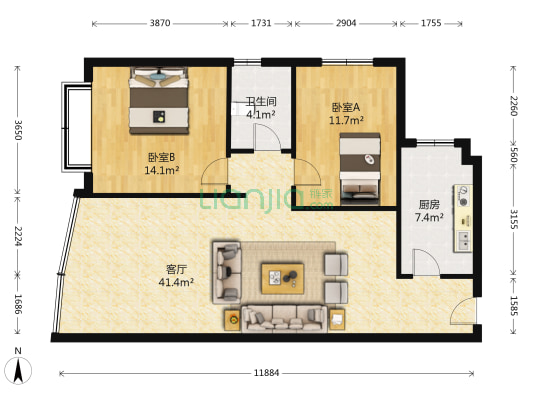高林金三华邸 2室1厅1卫 92平方