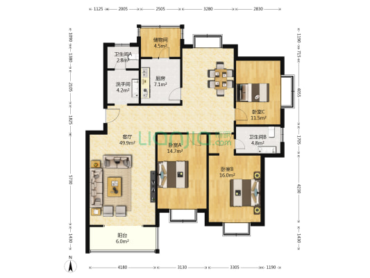 秀水苑小区 3室1厅3卫 147平方