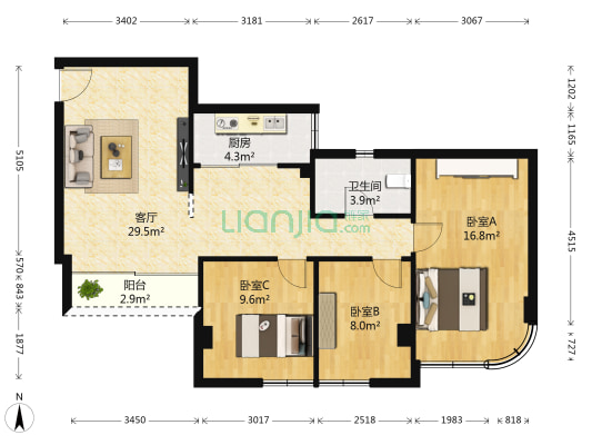 新光大厦 3室1厅1卫 92平方