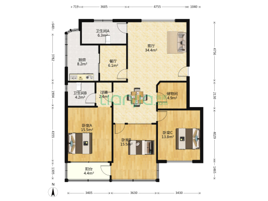 花园三村北区 3室2厅2卫 141平方
