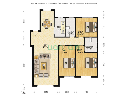 宇圣明苑 3室1厅2卫 135平方