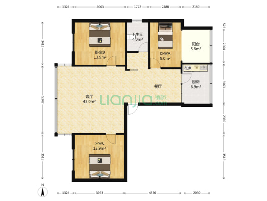 云汽实业公司宿舍 3室1厅1卫 105平方