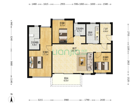 越秀东坡 3室1厅2卫 93平方