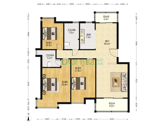 明月贵都花园 3室1厅2卫 142平方