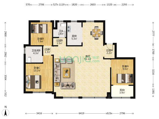绿城诚园 3室1厅2卫 148平方