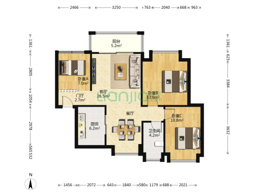 湖星水岸华庭二期 3室1厅1卫 87平方