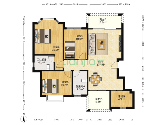 清水蓝湾 3室1厅2卫 119平方
