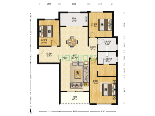 融创美盛宏园 3室1厅2卫 144平方