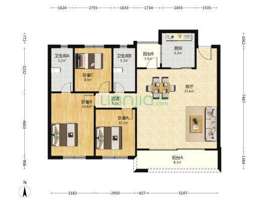 恒基旭辉铂悦园著 3室1厅2卫 125平方