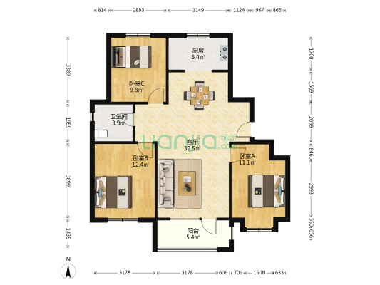 保利西乡月 3室1厅1卫 108平方