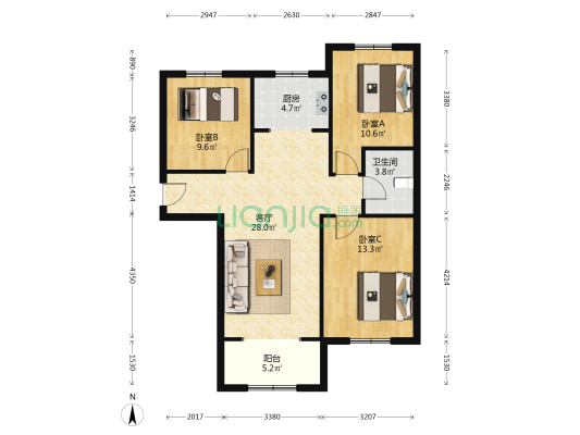 满二 东户 南北通透大3居 中层 8号楼 视野采光好-户型图