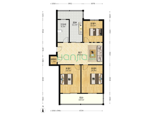 虹桥新苑 3室1厅1卫 105平方