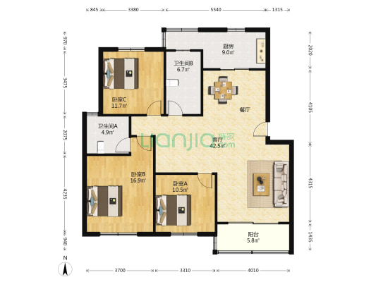 佳洲欣苑 3室1厅2卫 126平方