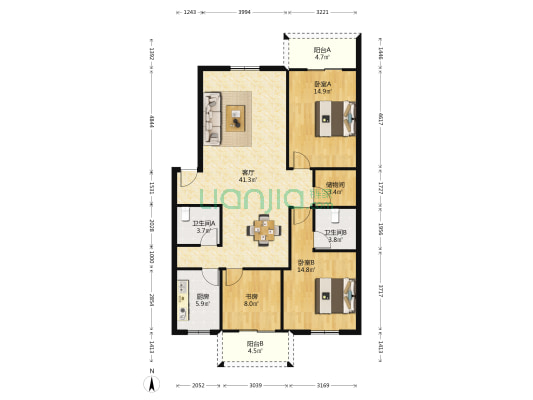 中奇欧式花园 3室1厅2卫 121平方