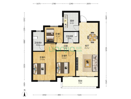 融茂广场 3室1厅2卫 114平方