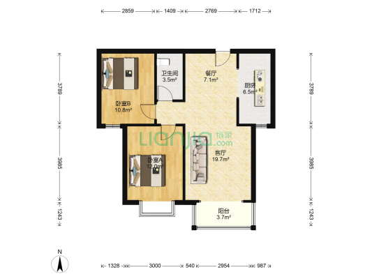 北京理想城 2室2厅1卫 85平方