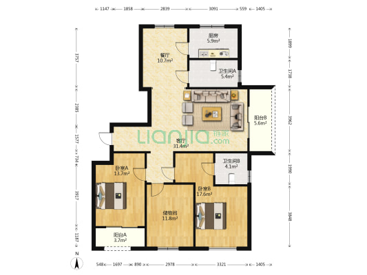 滨海海滨景园 2室2厅2卫 143平方