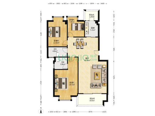 澳锦名苑 3室1厅2卫 125平方