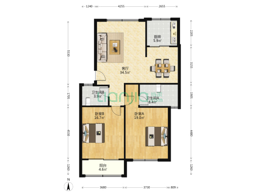 梅龙三区 2室1厅2卫 136平方