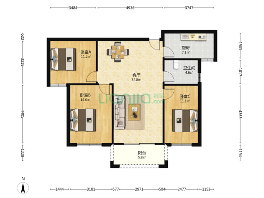 丰盛凤凰左岸 3室1厅1卫 110平方
