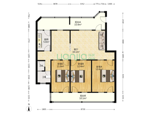 考试局宿舍 3室1厅2卫 104平方