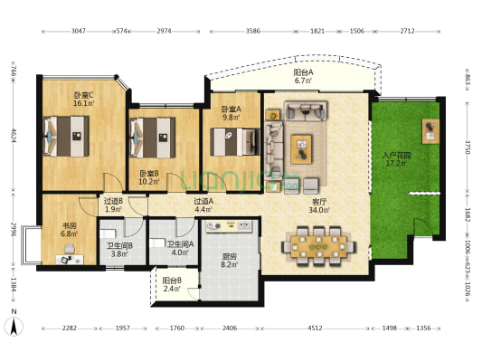 阳光华庭 4室1厅2卫 156平方