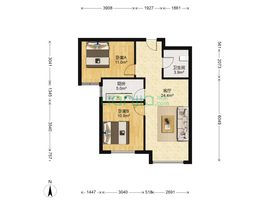 高铁新干线  全南小两居 毛坯 满二 位置好-户型图