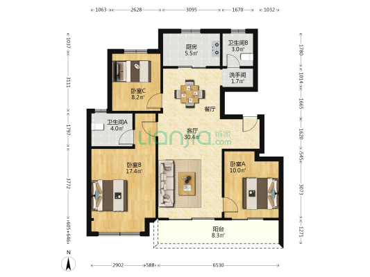 前山澜庭E区 3室1厅3卫 109平方