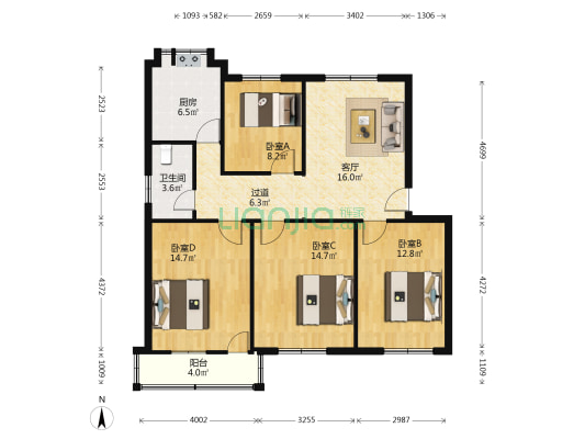 颖河社区 4室1厅1卫 103平方