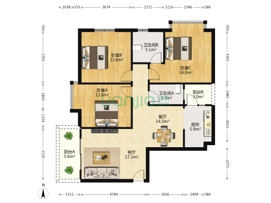 市政府新民路宿舍 3室2厅2卫 120平方