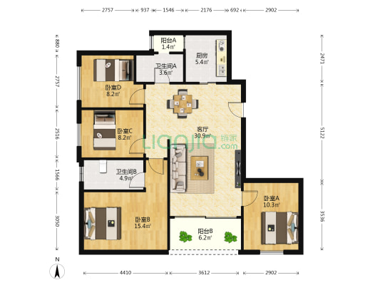 天健云山府 4室1厅2卫 123平方
