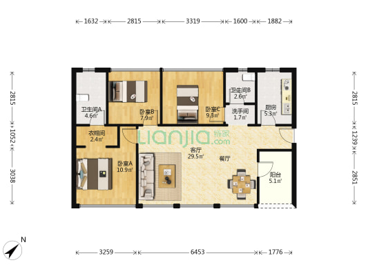 万科翡丽郡一期 3室1厅3卫 89平方