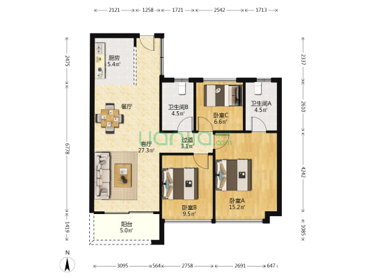 首开龙湖天钜 3室1厅2卫 92平方