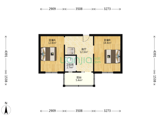 轮联宿舍 2室1厅1卫 54平方