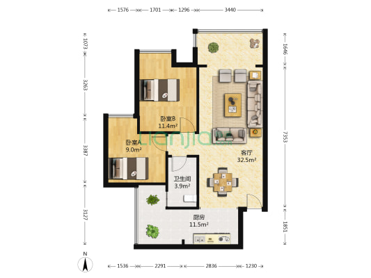 江与城 2室1厅1卫 77平方