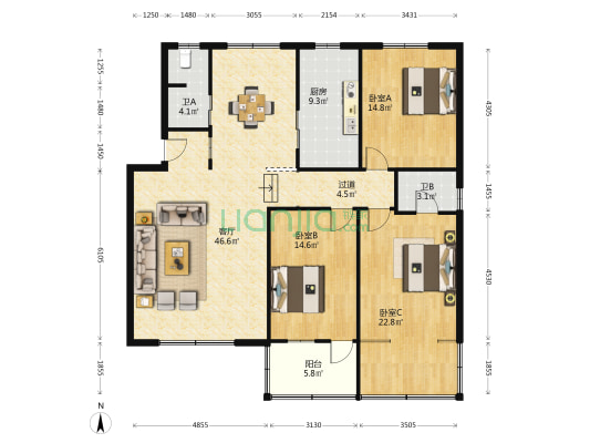 阳光公寓 3室1厅2卫 146平方